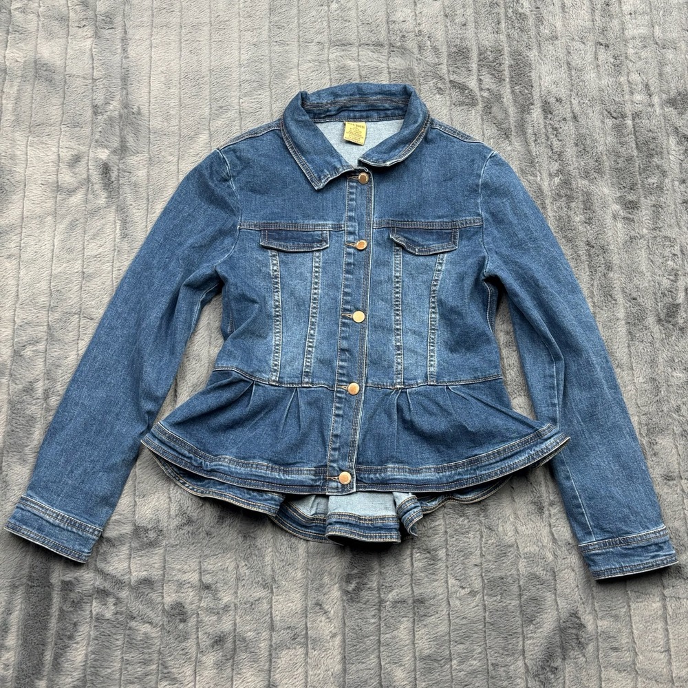 Nina Rossi Women Medium Wash Denim Peplum Jacket Size M 1106 Stretch Tiered Hem